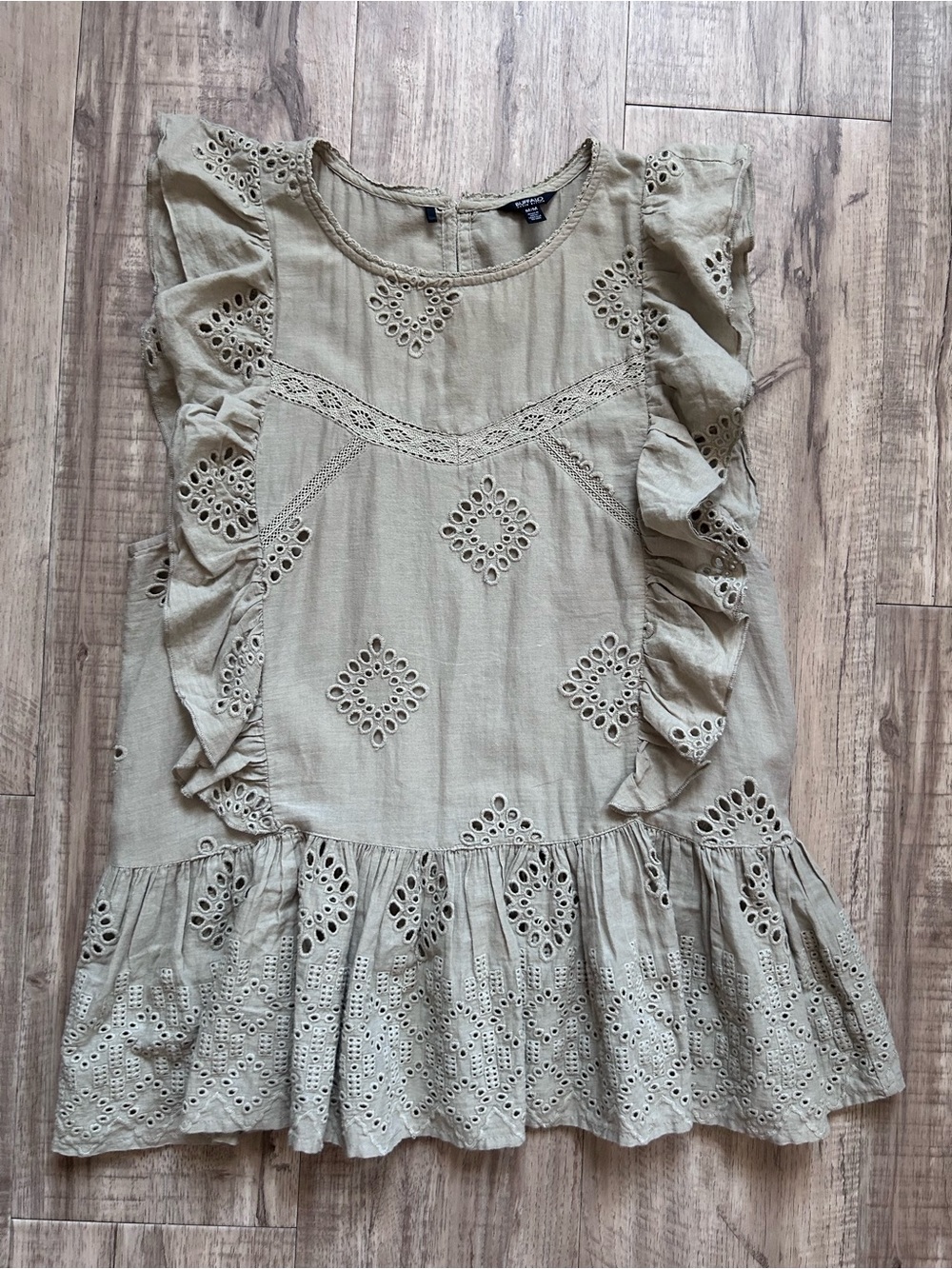 Cotton Eyelet Ruffle Sleeve Women's Top in Olive Taupe lightweight breathable